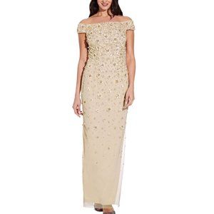 Adrianna Papell Women's Off Shoulder Beaded Gown Biscotti 14